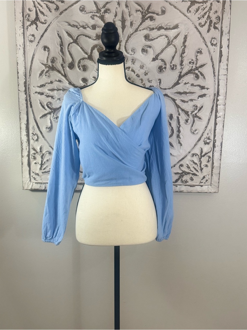 Light Blue Puff Sleeve Wrap Crop Top